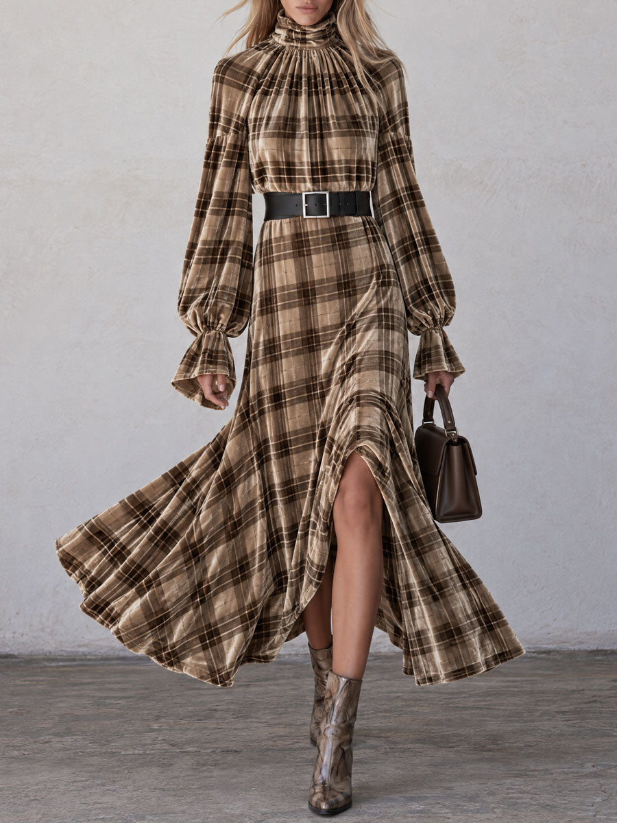 Brown plaid velvet maxi dress with turtleneck and retro chic style, by Oyrosy Clothing, featuring elegant design and long sleeves.