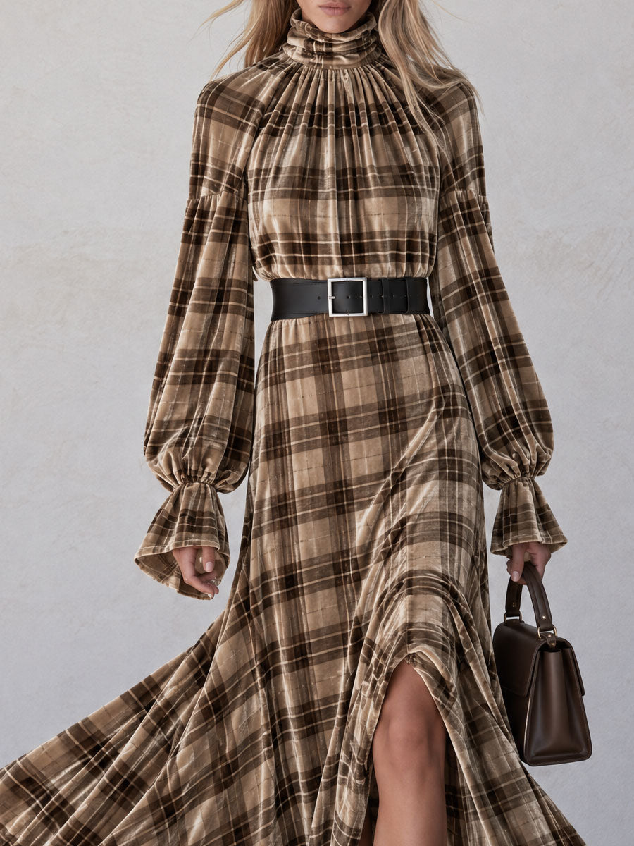 Elegant brown turtleneck maxi dress with plaid velvet print, by Oyrosy Clothing, featuring retro chic style for women's fashion.