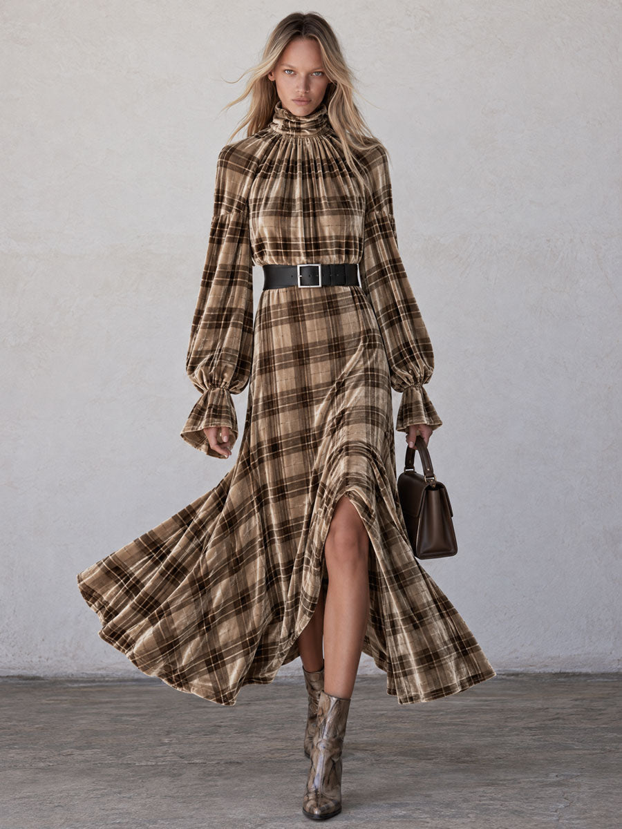 Oyrosy Clothing retro brown turtleneck maxi dress with plaid velvet print, elegant and chic women's clothing from Qivii.