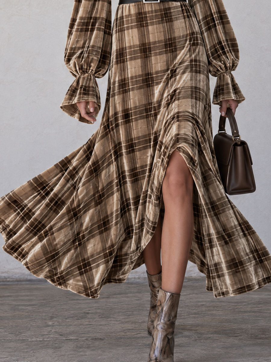 Elegant brown plaid velvet maxi dress for women by Oyrosy Clothing, featuring a turtleneck and retro chic style.