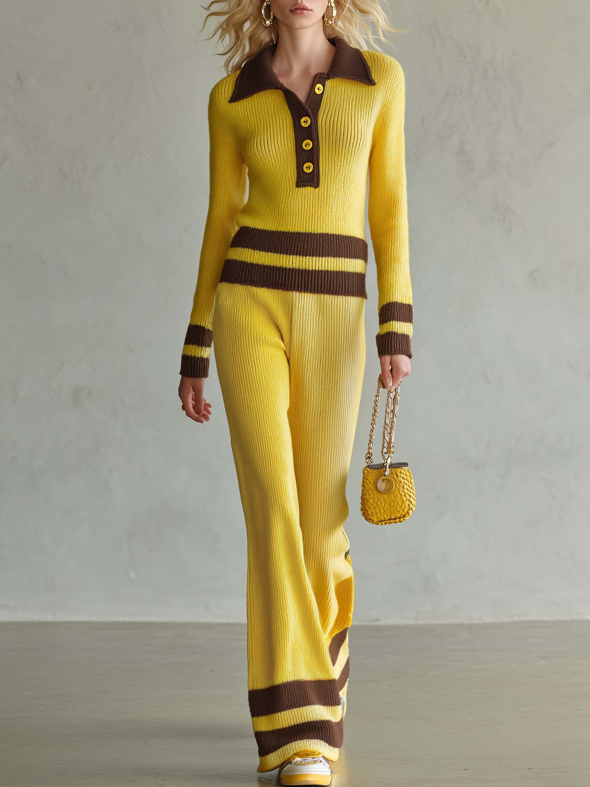 Retro Yellow Striped Polo Collar Knit Top Wide-Leg Pants Matching Sweater Set - By Qivii