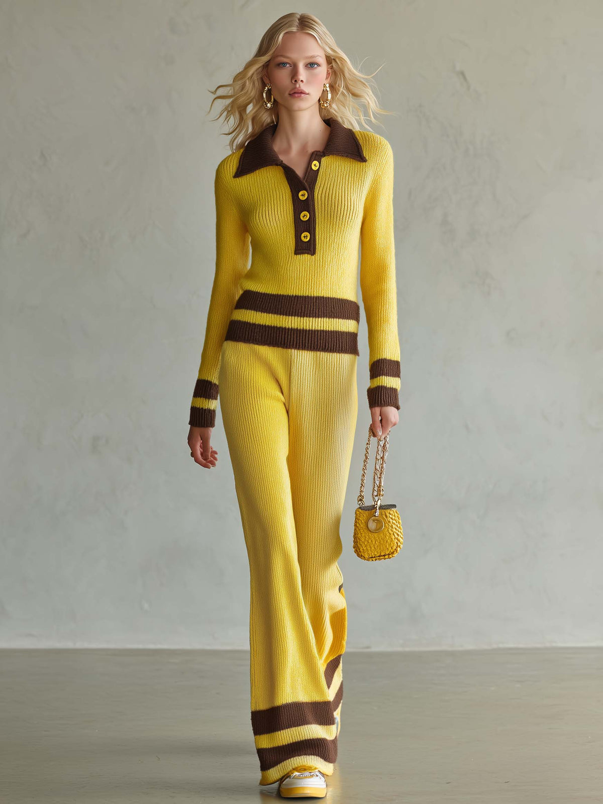 Retro Yellow Striped Polo Collar Knit Top Wide-Leg Pants Matching Sweater Set - By Qivii