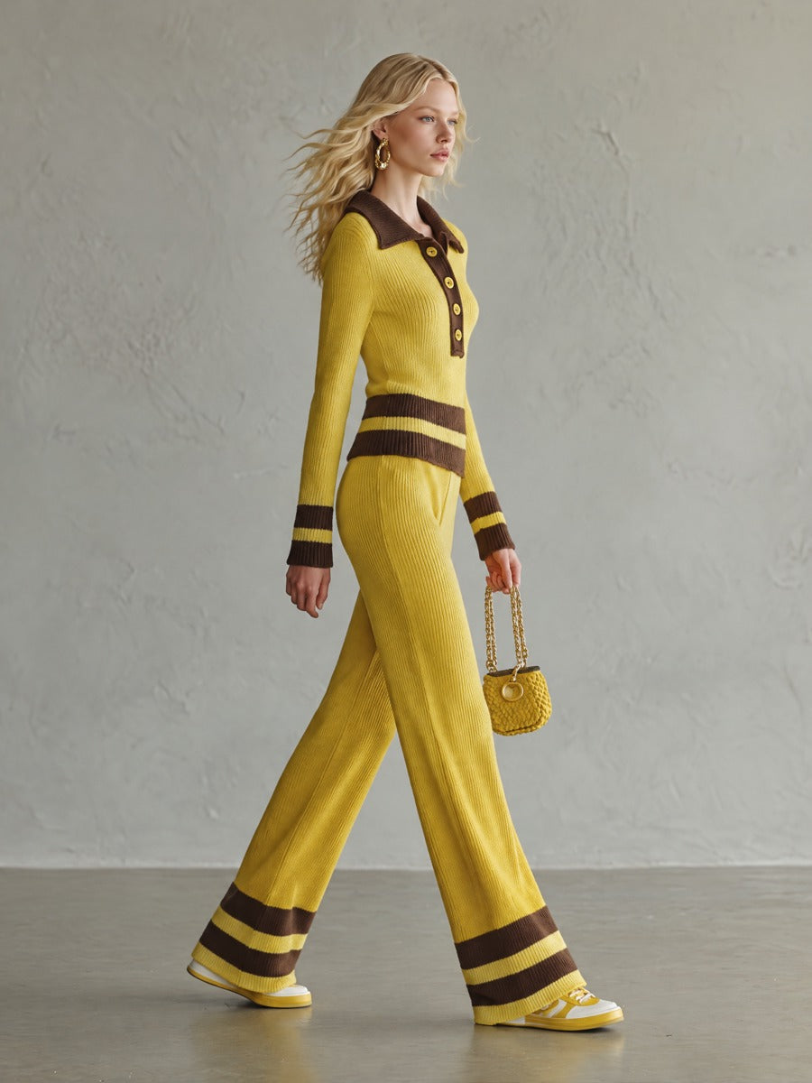 Retro Yellow Striped Polo Collar Knit Top Wide-Leg Pants Matching Sweater Set - By Qivii