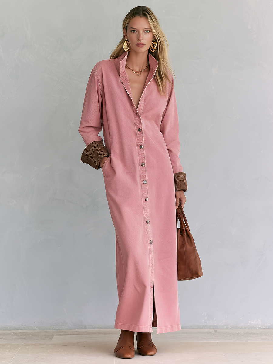 Casual Vintage Pink Button Front Long Shirt Dress - By Qivii