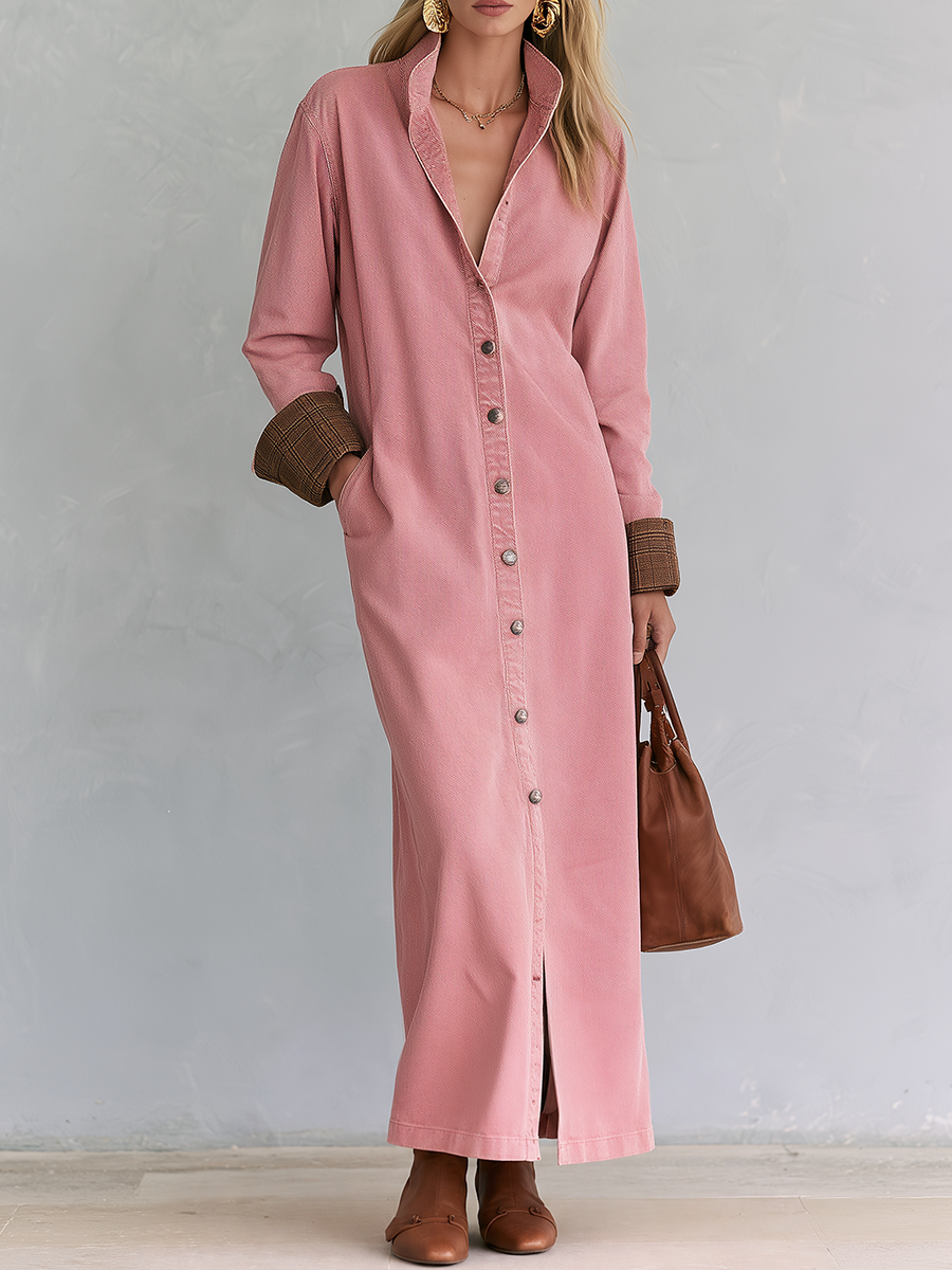 Casual Vintage Pink Button Front Long Shirt Dress - By Qivii
