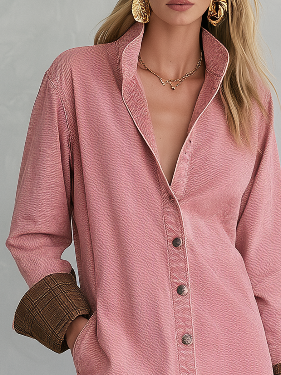 Casual Vintage Pink Button Front Long Shirt Dress - By Qivii