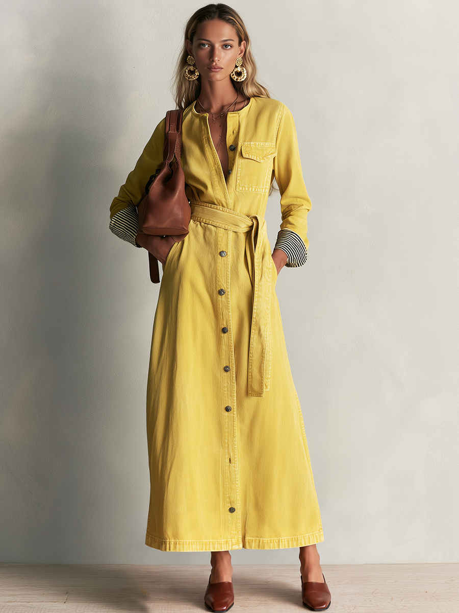 Modern Western Yellow Belted Button Front Denim Maxi Dress - By Qivii