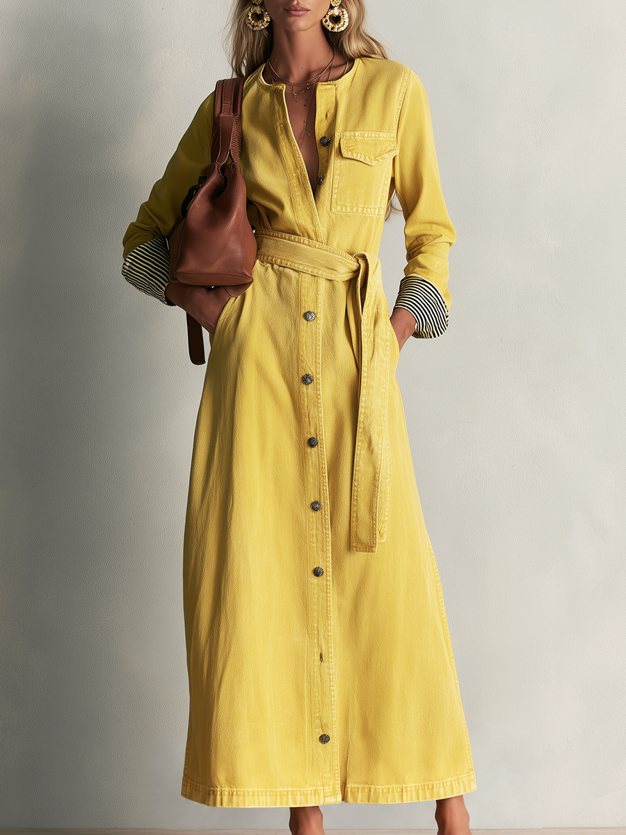 Modern Western Yellow Belted Button Front Denim Maxi Dress - By Qivii
