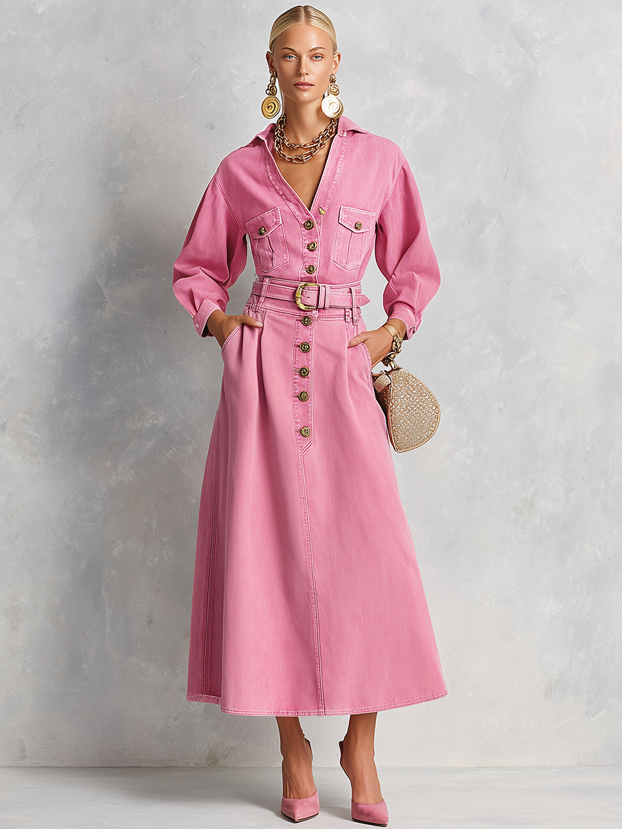 Retro Western Pink Belted Button Front Denim Midi Dress - By Qivii
