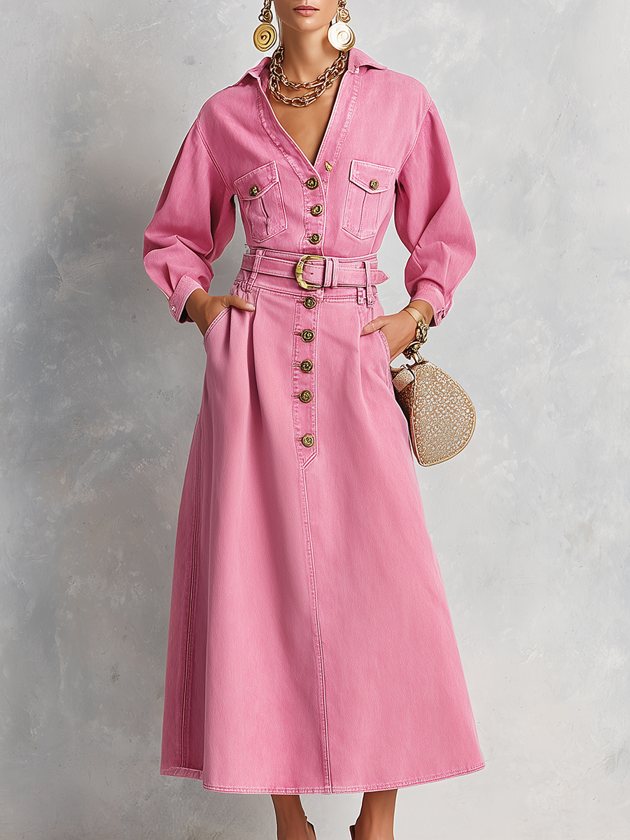 Retro Western Pink Belted Button Front Denim Midi Dress - By Qivii