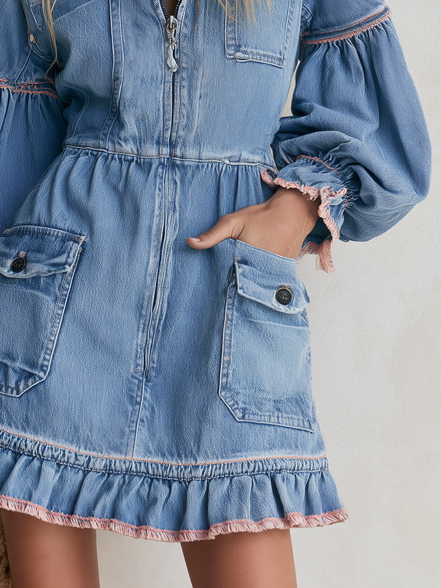 Retro Western Light Wash Ruffle Hem Denim Mini Dress - By Qivii