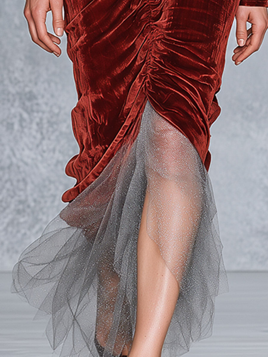 Elegant Tulle Hem Rust-Red Pleated Velvet Maxi Dress - By Qivii