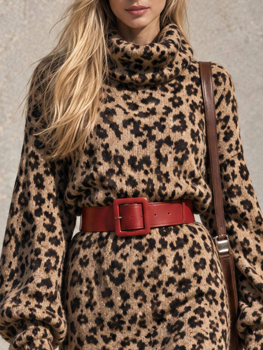 Stylish Retro Color-blocked Belt Brown Leopard Print Turtleneck Knit Mini Dress - By Qivii
