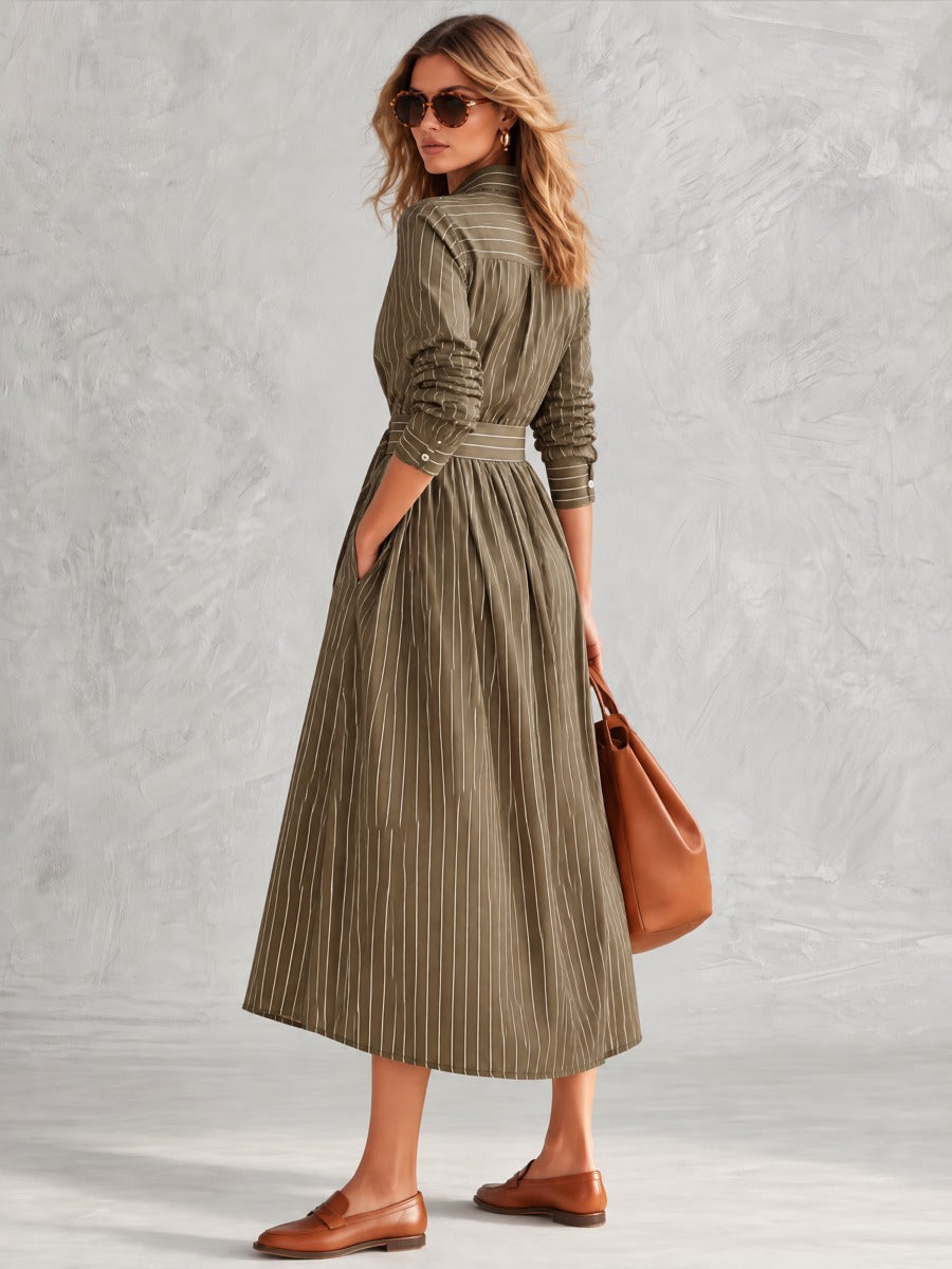 Olive Green Pinstripe Long Sleeve Button-Front Belted Midi Dress - By Qivii