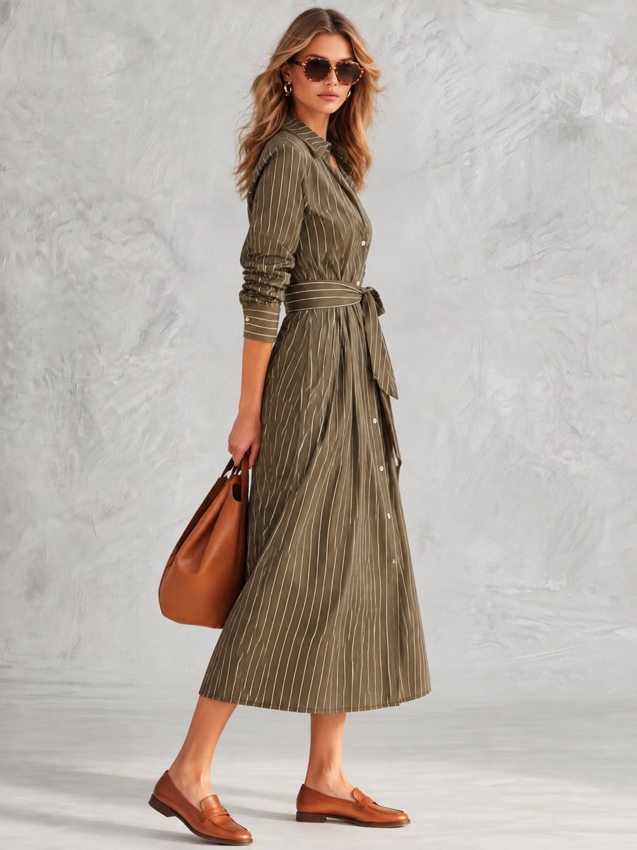 Olive Green Pinstripe Long Sleeve Button-Front Belted Midi Dress - By Qivii