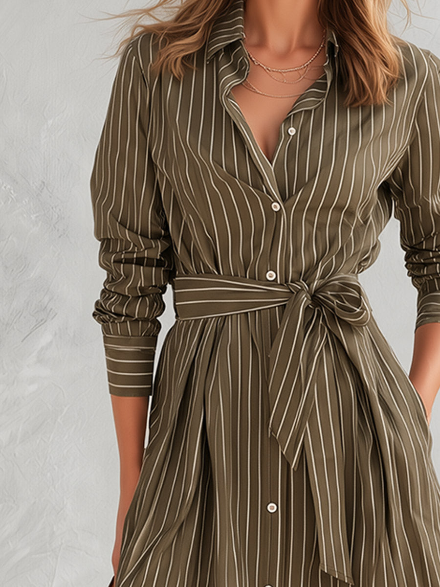 Olive Green Pinstripe Long Sleeve Button-Front Belted Midi Dress - By Qivii