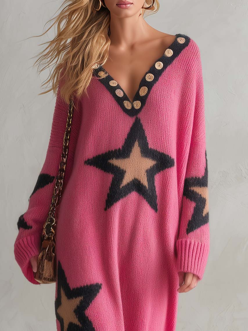 Lazy Western Pink Star Oversized V-Neck Button Trim Long Sleeve Knit Midi Sweater Dress - By Qivii