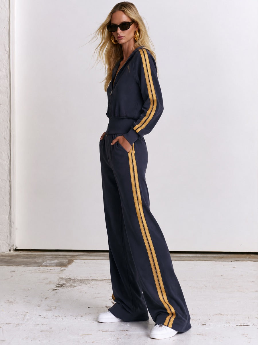 Women's Gold Striped Purple-Blue Sports Jacket And Wide-Leg Pants Set - By Qivii