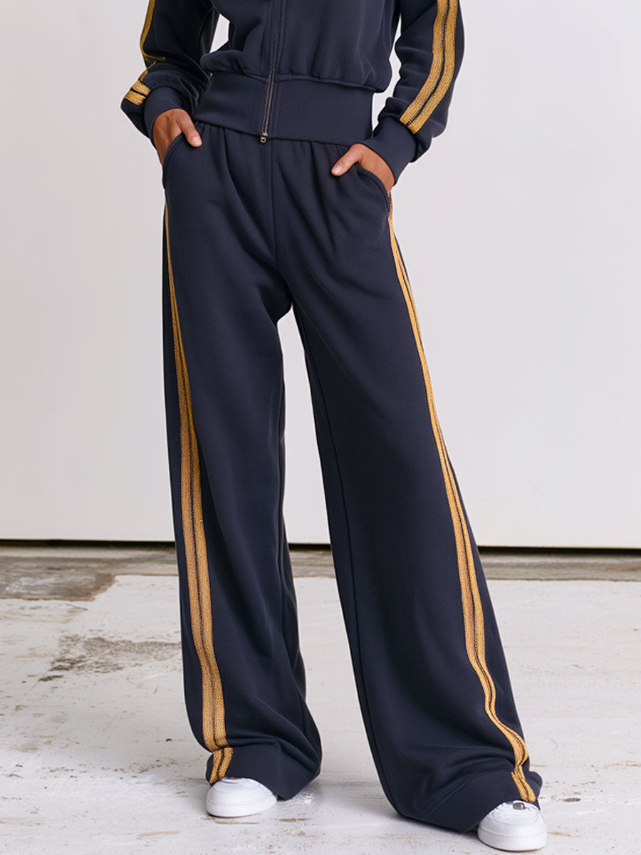 Women's Gold Striped Purple-Blue Sports Jacket And Wide-Leg Pants Set - By Qivii