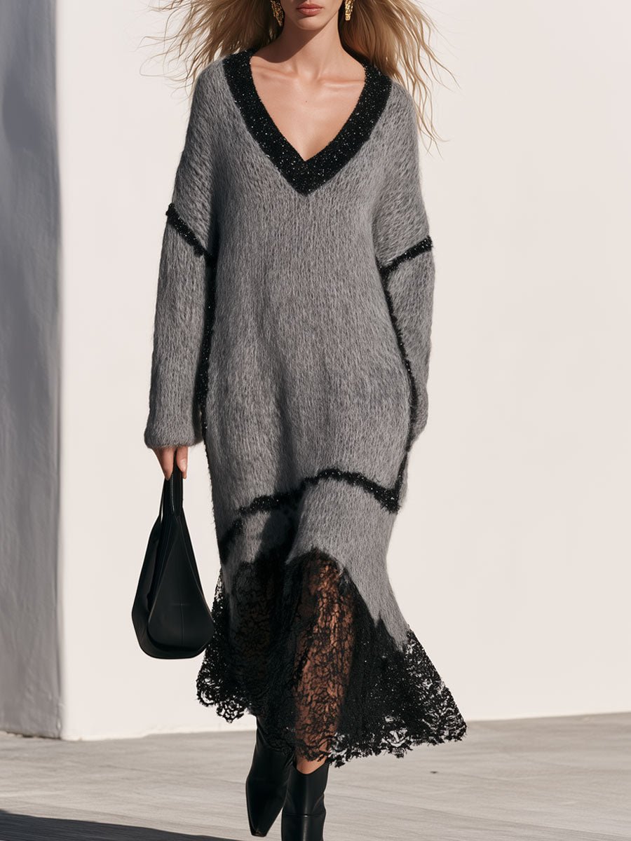 Loose-fitting V-neck Shimmering Lace Grey Mohair Knit Midi Dress - By Qivii