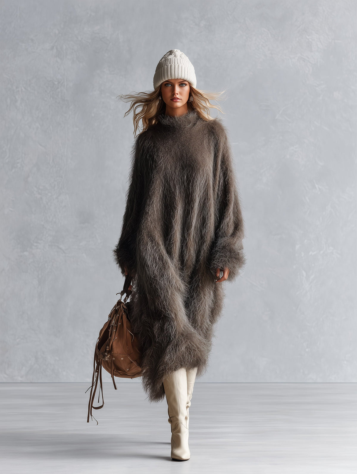 Women's Oversized Fuzzy Long-Pile Knit Mock Neck Taupe Brown Midi Dress - By Qivii