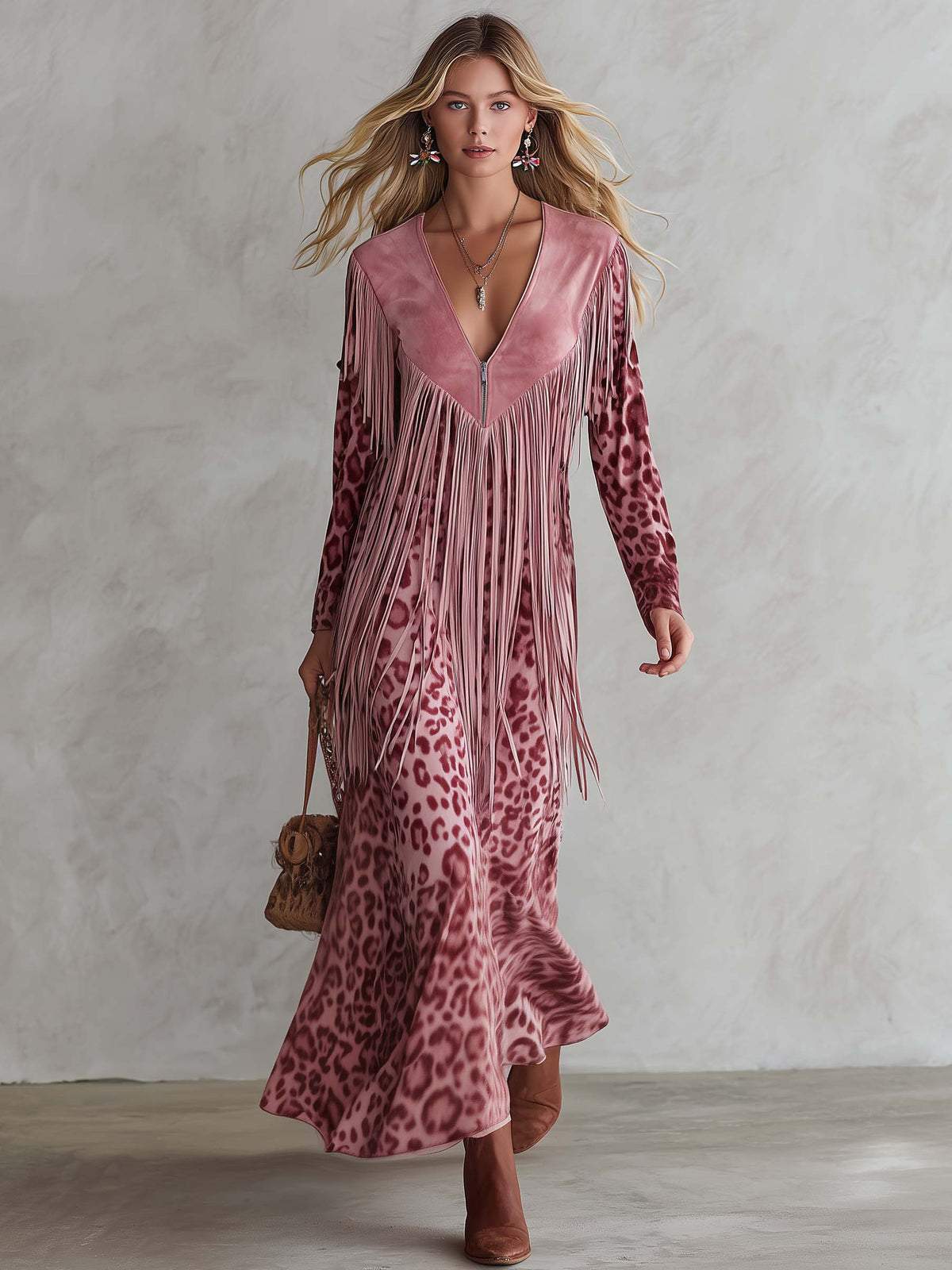 Urban West Boho Pink Leopard Print Faux Suede Fringe V-Neck Long Sleeve Maxi Dress - By Qivii