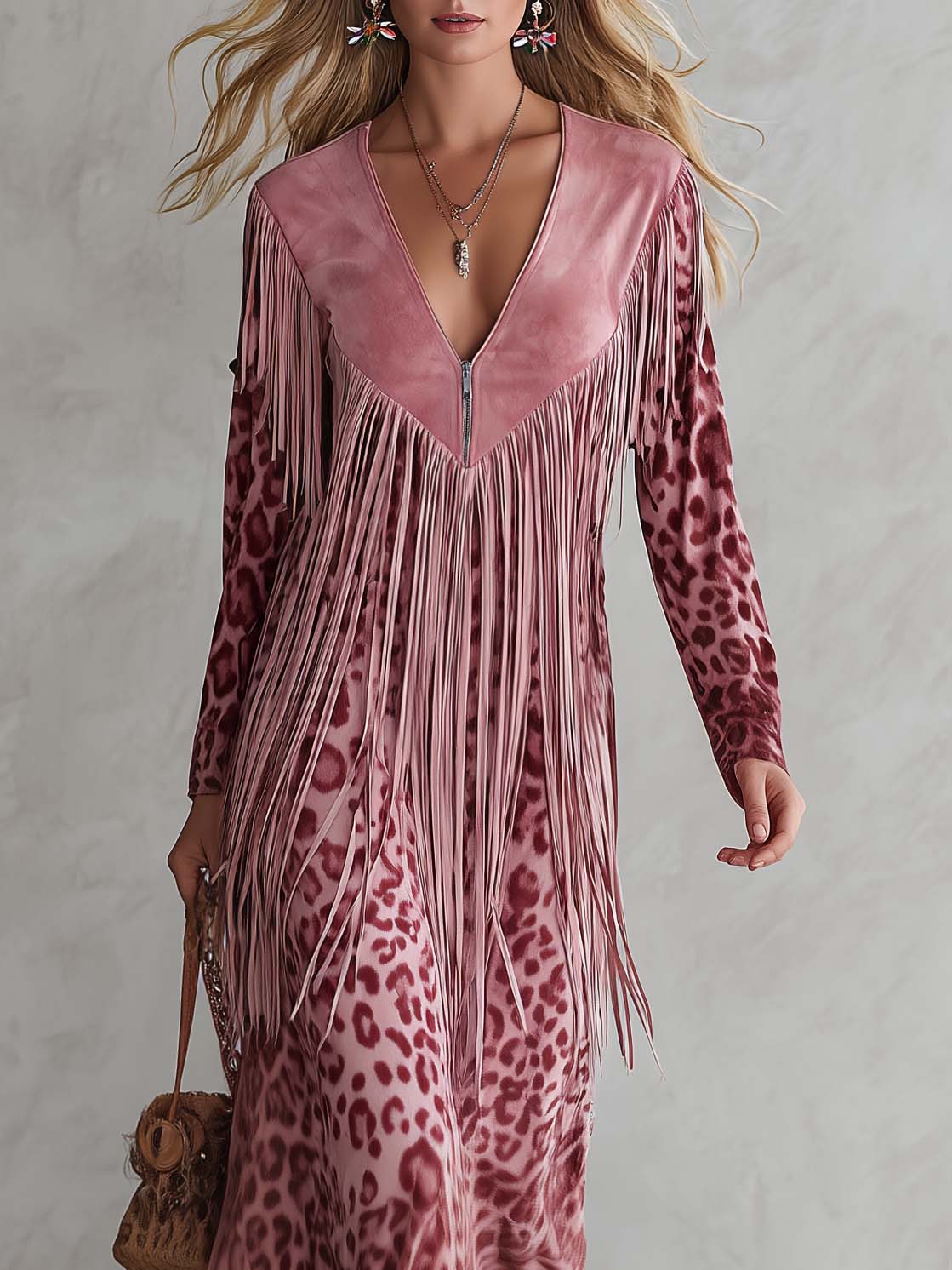Urban West Boho Pink Leopard Print Faux Suede Fringe V-Neck Long Sleeve Maxi Dress - By Qivii