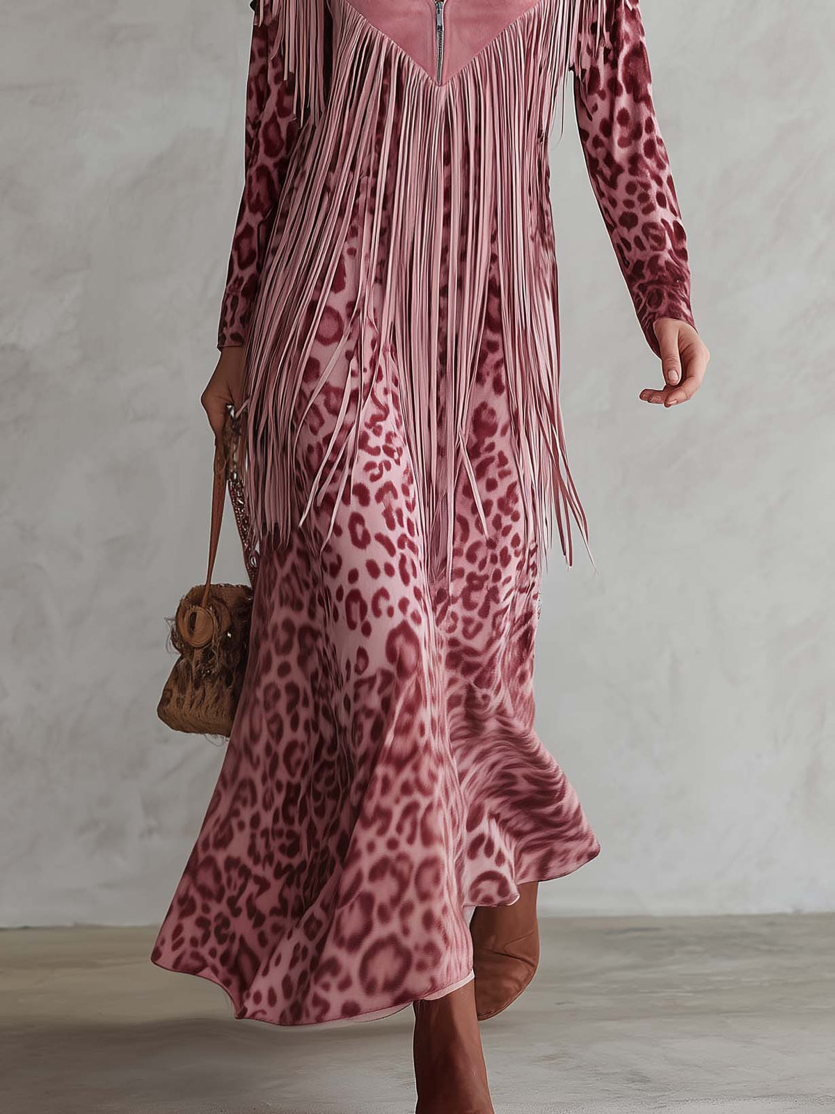 Urban West Boho Pink Leopard Print Faux Suede Fringe V-Neck Long Sleeve Maxi Dress - By Qivii