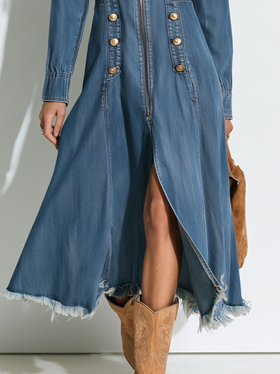 Vintage Button-up Frayed Blue Denim Long-sleeved Midi Dress - By Qivii