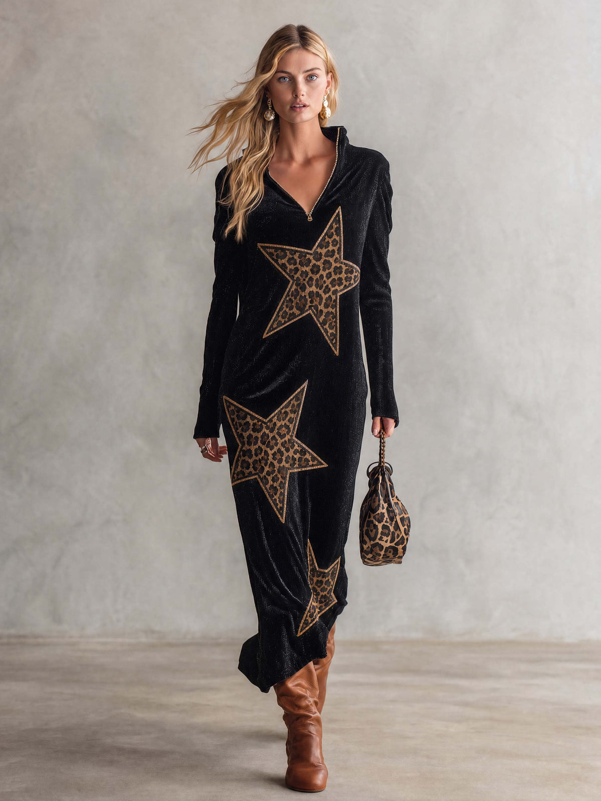 Women's Urban Black Leopard Star Quarter-Zip Long Sleeve Maxi Dress - By Qivii
