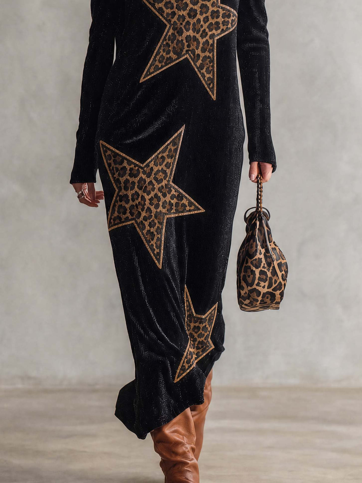 Women's Urban Black Leopard Star Quarter-Zip Long Sleeve Maxi Dress - By Qivii