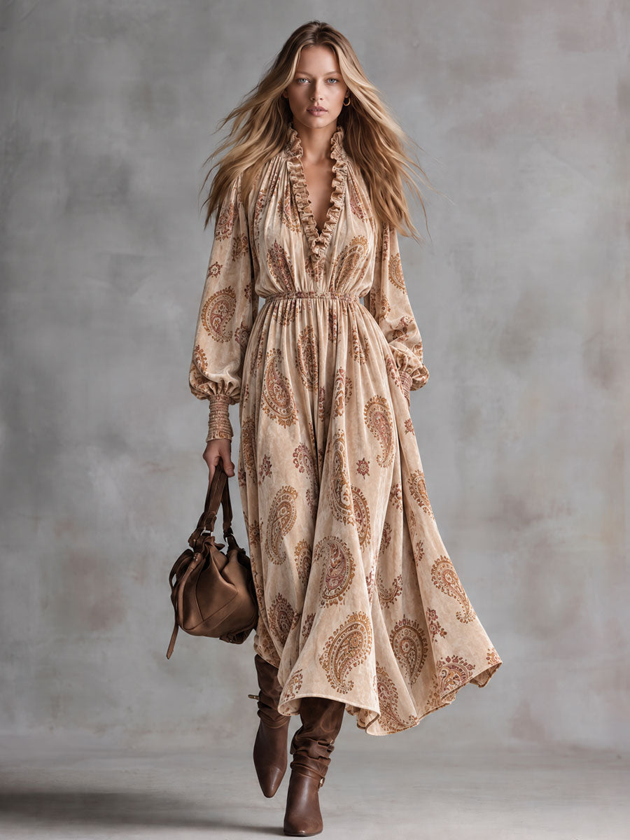 Stylish Retro Brown Ruffled V-Neck Paisley Velvet Print Maxi Dress - By Qivii