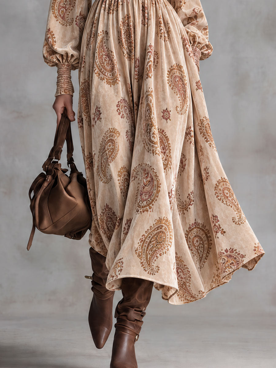 Stylish Retro Brown Ruffled V-Neck Paisley Velvet Print Maxi Dress - By Qivii