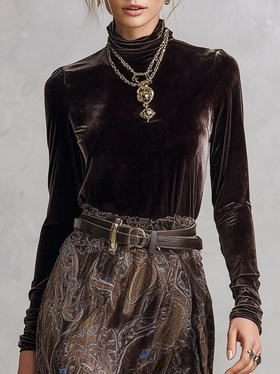 Vintage-style Dark Drown Long-sleeve T-shirt and Paisley Print Velvet Skirt Set - By Qivii