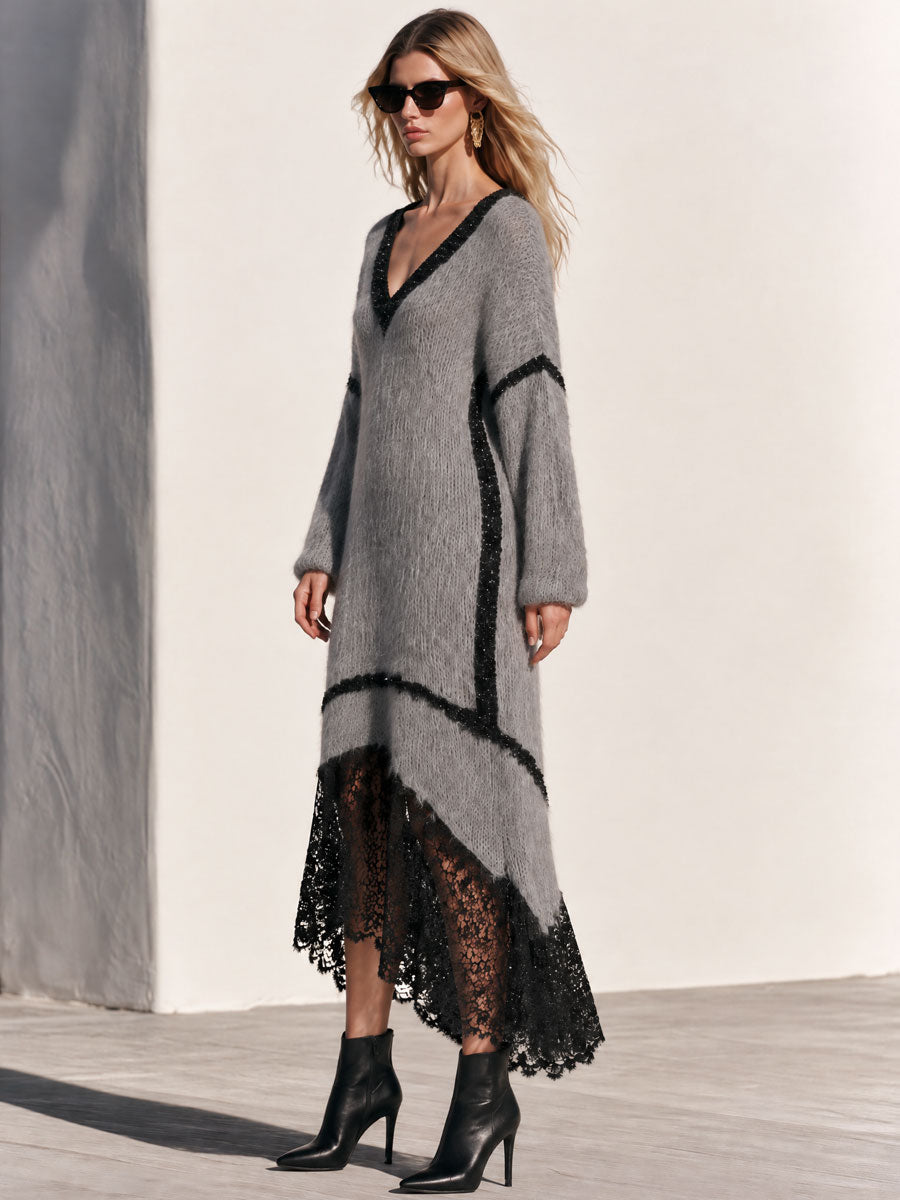 Loose-fitting V-neck Shimmering Lace Grey Mohair Knit Midi Dress - By Qivii