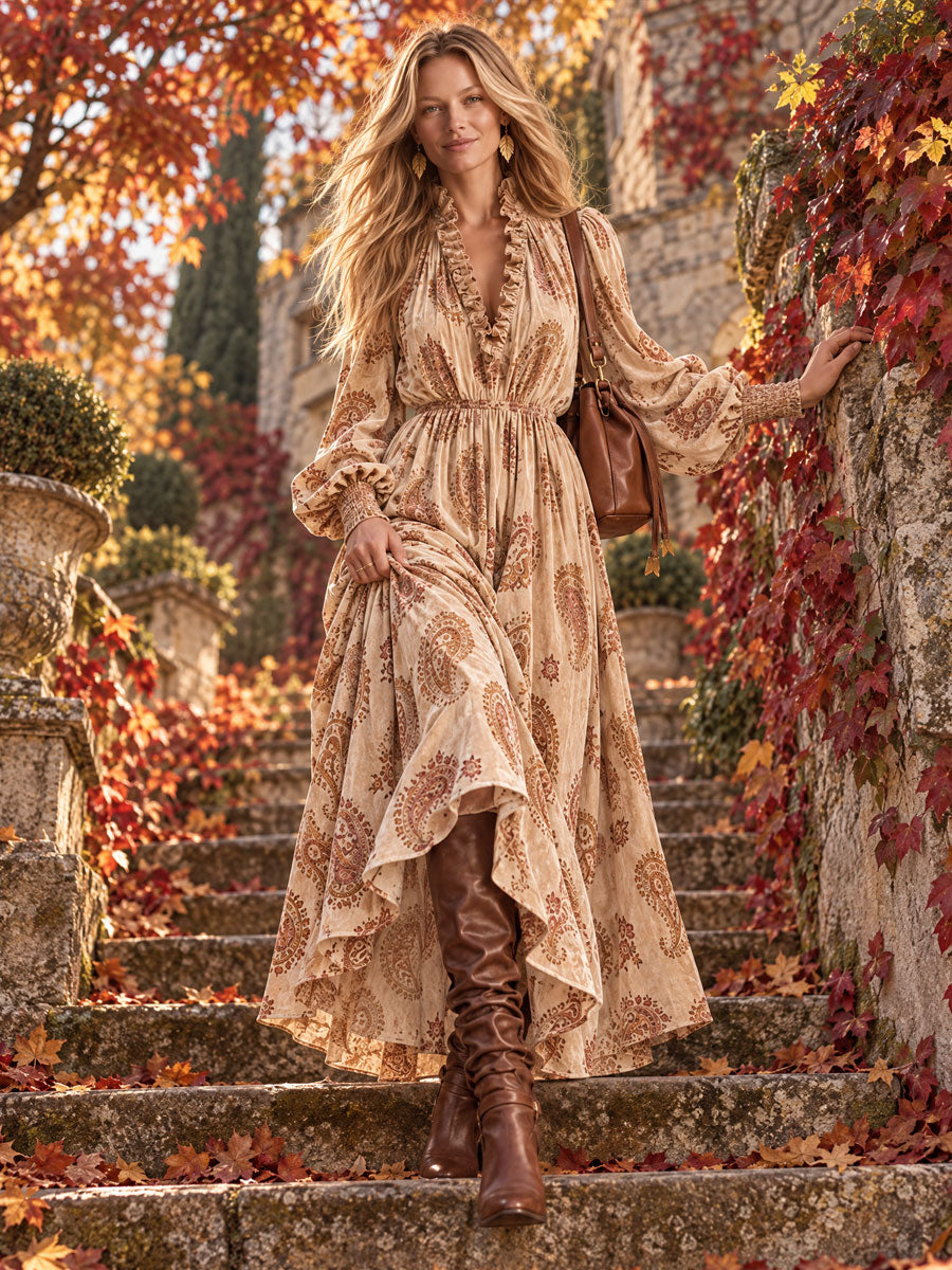 Stylish Retro Brown Ruffled V-Neck Paisley Velvet Print Maxi Dress - By Qivii