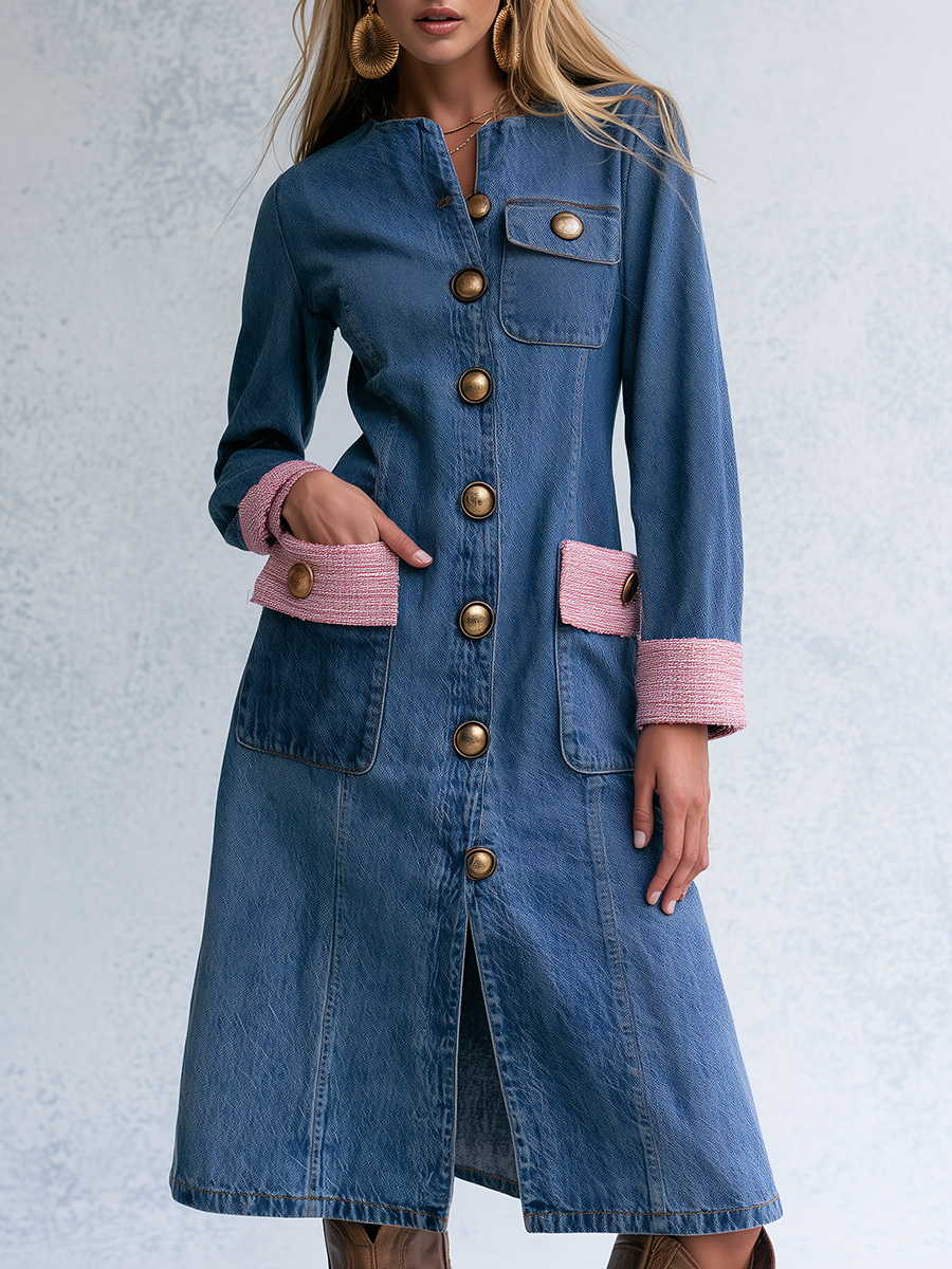 Elegant Vintage Tweed Trim Gold Button Front Denim Midi Dress - By Qivii