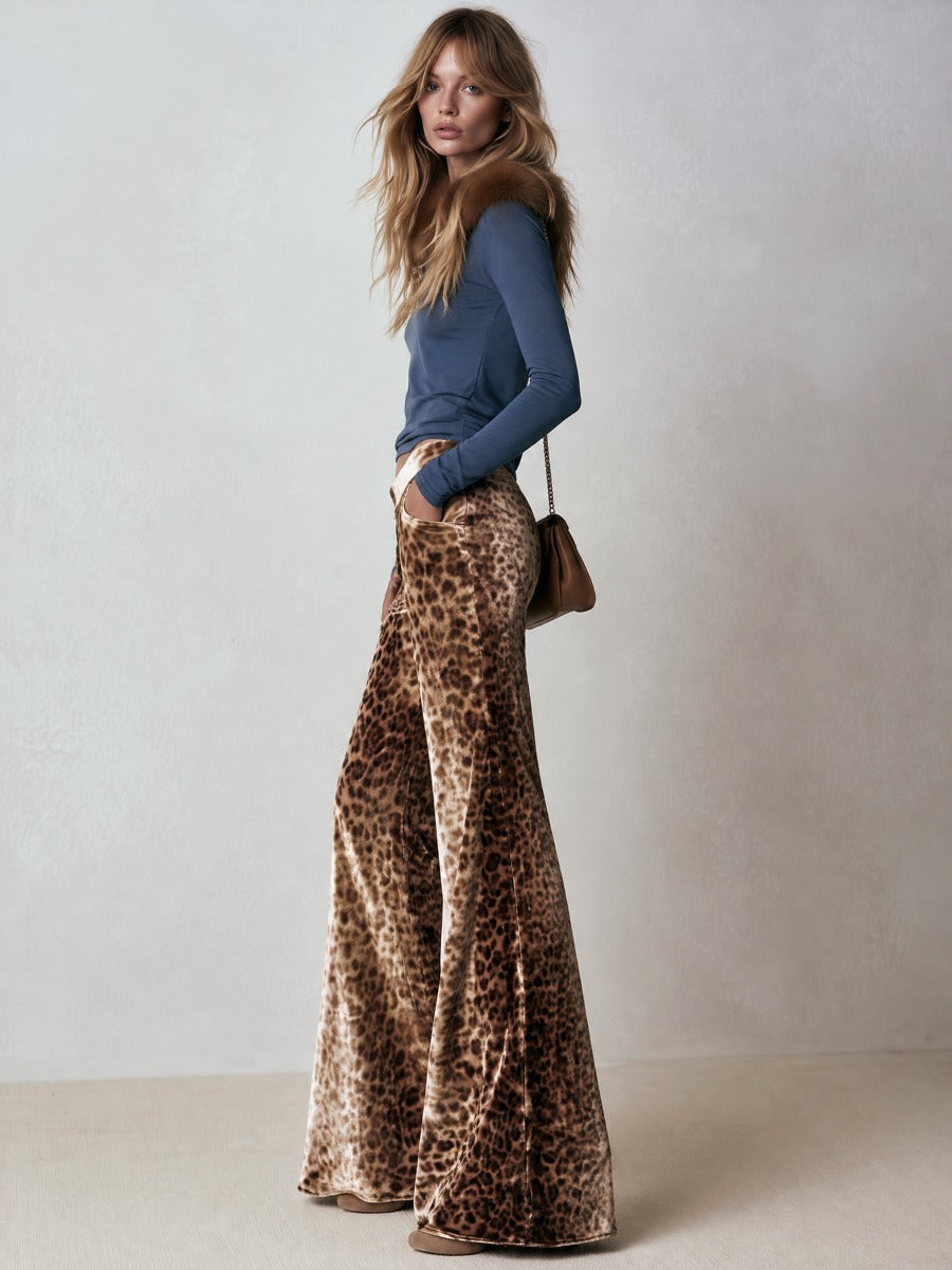 Stylish Faux-fur Collar Blue Cotton T-shirt Leopard-print Velvet Trousers Matching Set - By Qivii
