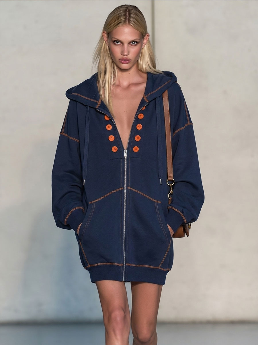 Casual Retro Double-breasted Decorative Button Blue Hooded Zip-up Cotton Mini Dress - By Qivii