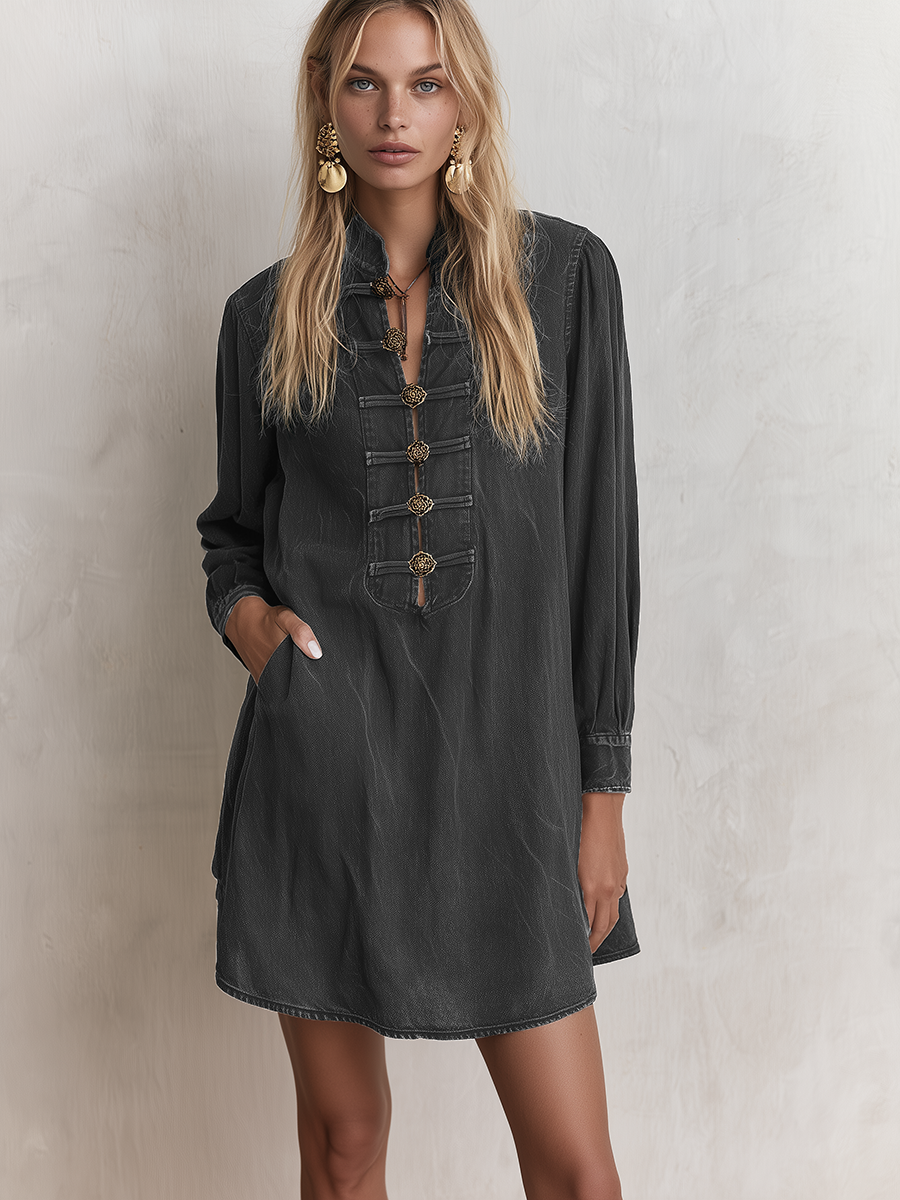 Boho Vintage Black Washed Stand Collar Ornate Button Denim Mini Dress - By Qivii