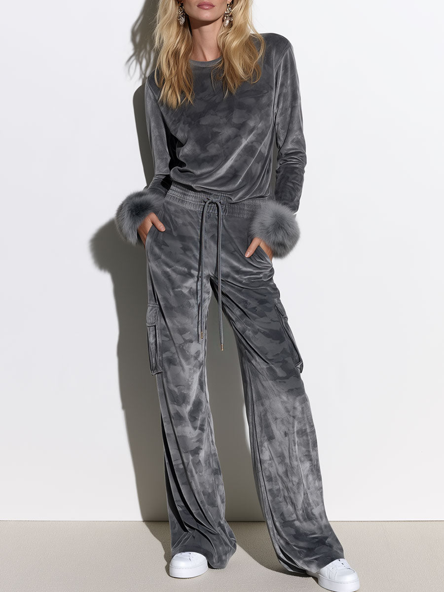 Women's Faux Fur Cuff Gray Camouflage Velvet Top And Wide-leg Cargo Pants Set - By Qivii