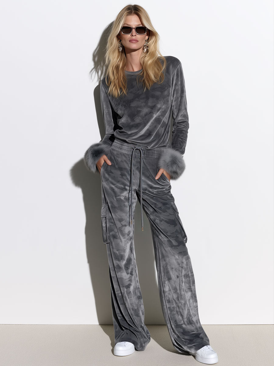 Women's Faux Fur Cuff Gray Camouflage Velvet Top And Wide-leg Cargo Pants Set - By Qivii