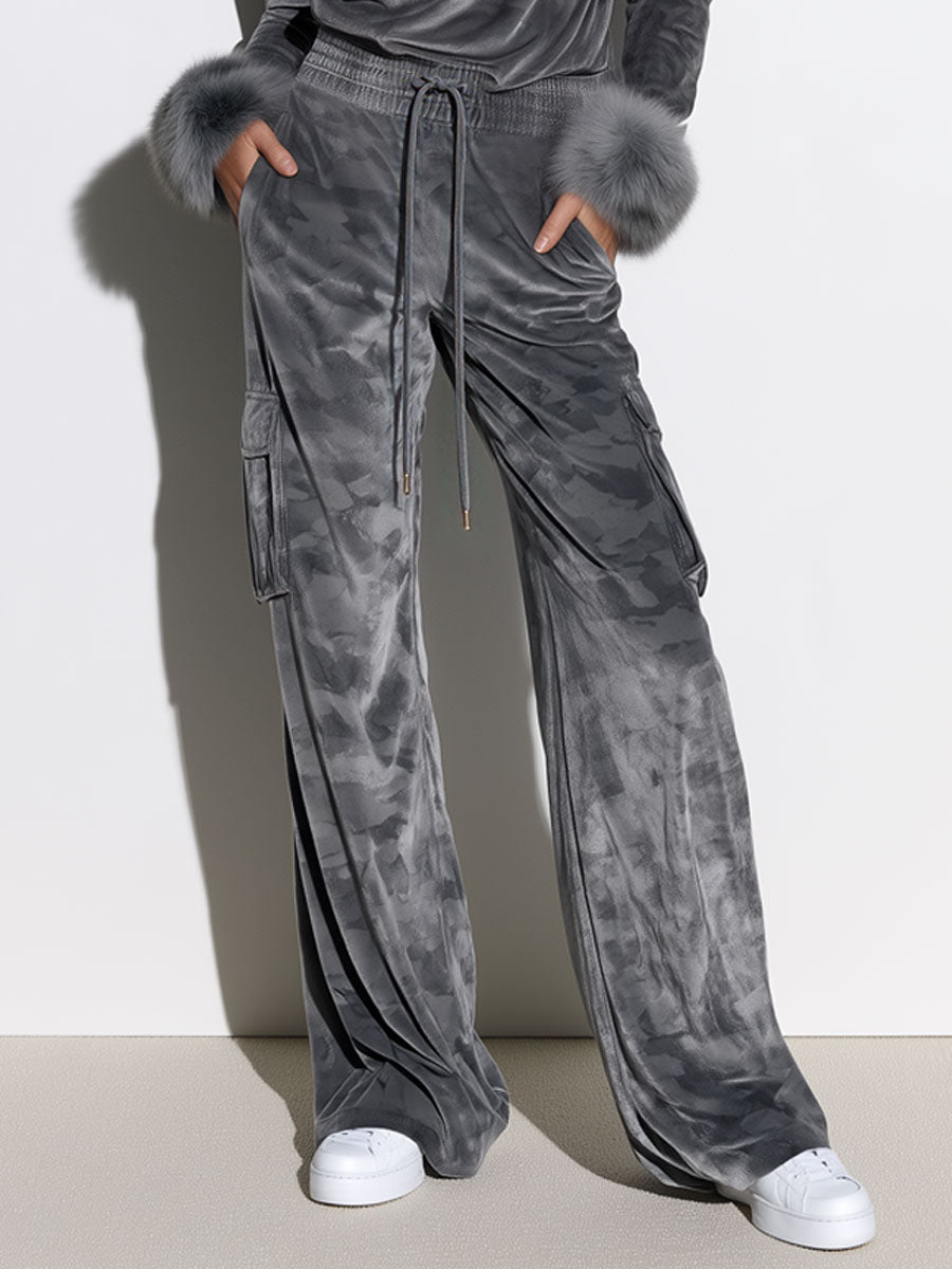 Women's Faux Fur Cuff Gray Camouflage Velvet Top And Wide-leg Cargo Pants Set - By Qivii