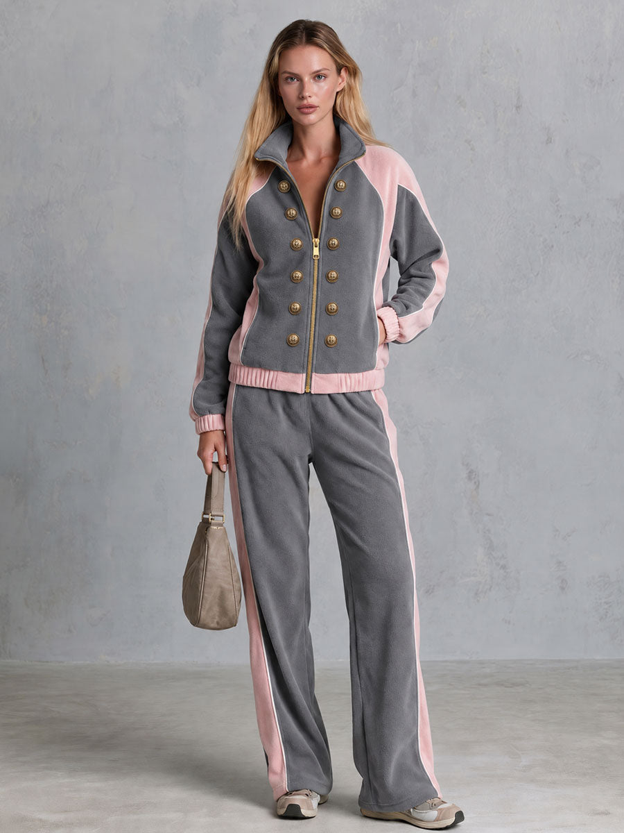 Casual Sporty Grey Lapel Zip-up Double-breasted Fleece Top And Pants Set - By Qivii