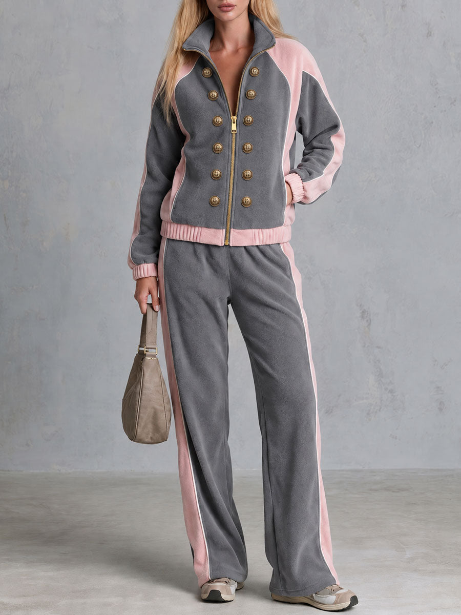 Casual Sporty Grey Lapel Zip-up Double-breasted Fleece Top And Pants Set - By Qivii