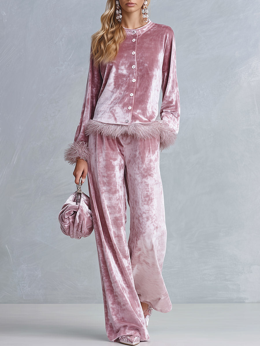 Elegant Faux-fur Trim Dusty Rose Crushed Velvet Top and Wide-Leg Trousers Two-Piece Sets - By Qivii