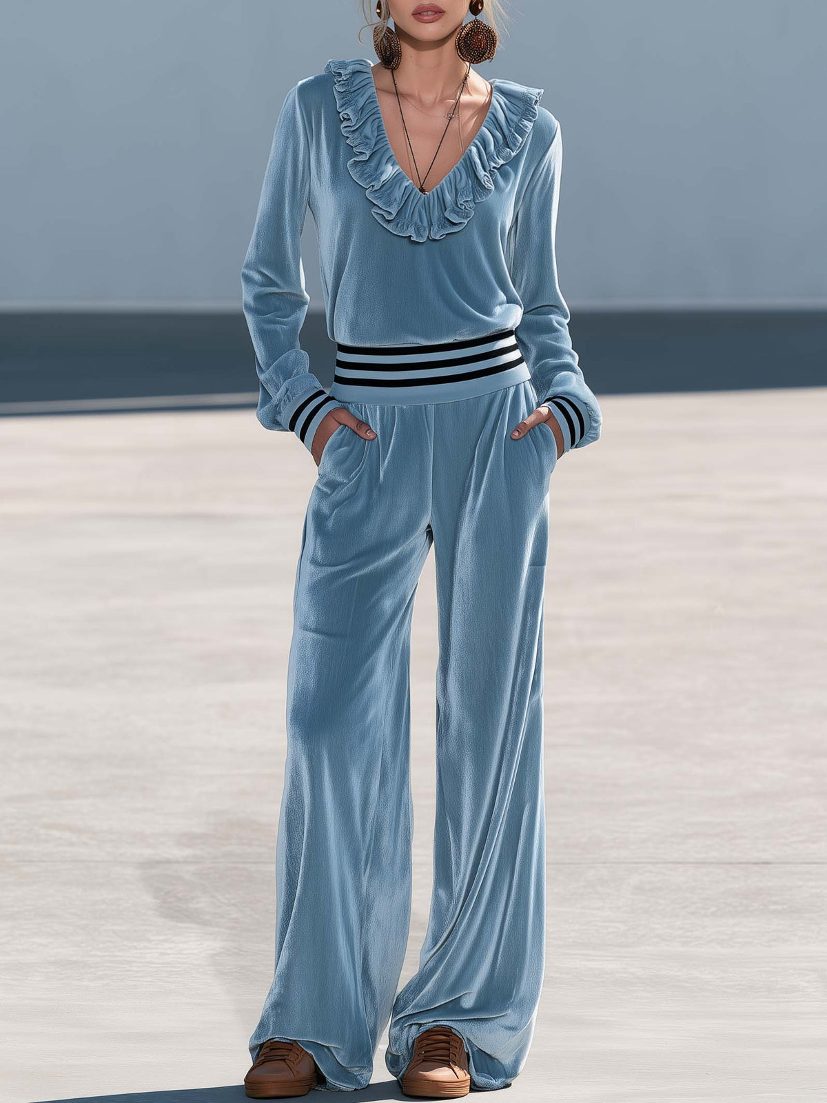 Retro Chic Dusty Blue Velvet Ruffle V-Neck Wide Leg Pants Two Piece Set - By Qivii