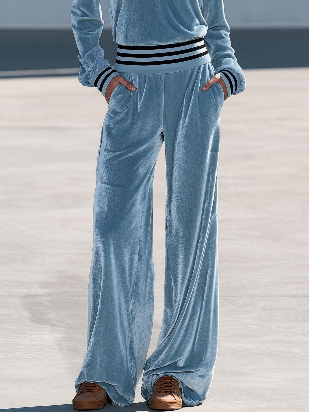 Retro Chic Dusty Blue Velvet Ruffle V-Neck Wide Leg Pants Two Piece Set - By Qivii