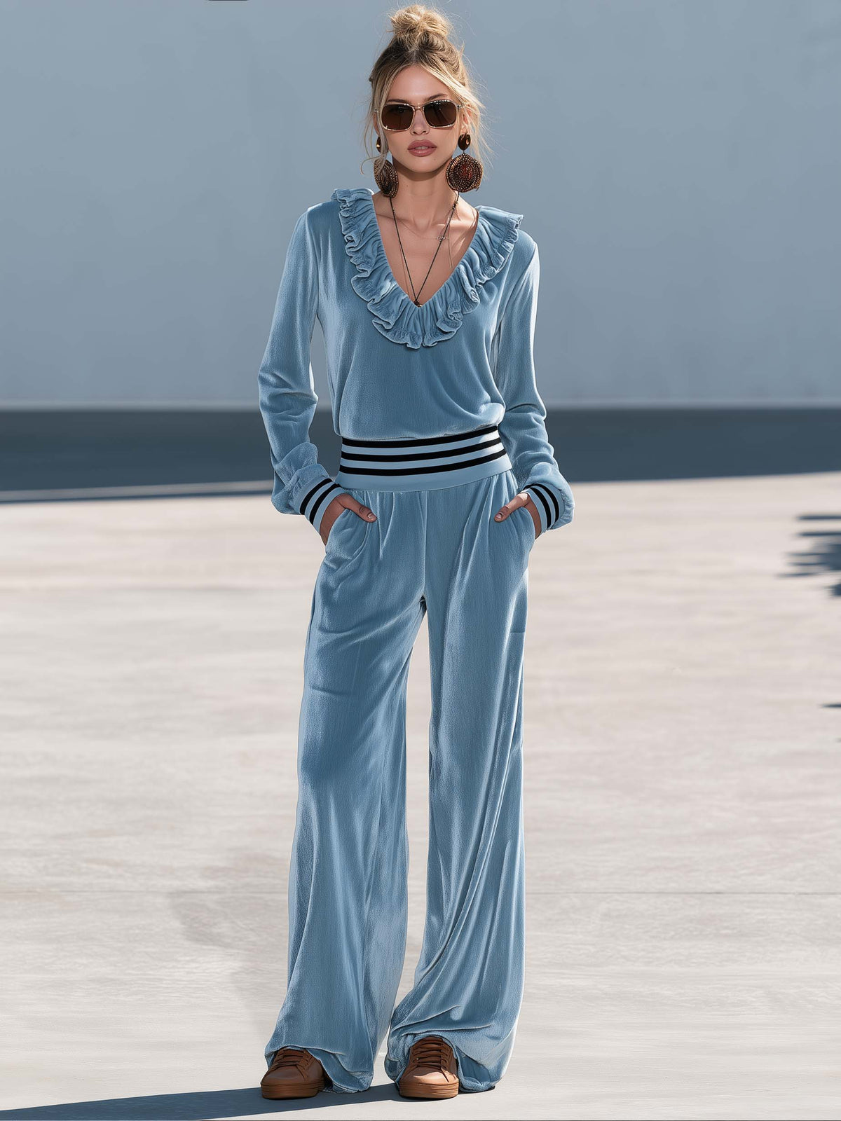 Retro Chic Dusty Blue Velvet Ruffle V-Neck Wide Leg Pants Two Piece Set - By Qivii