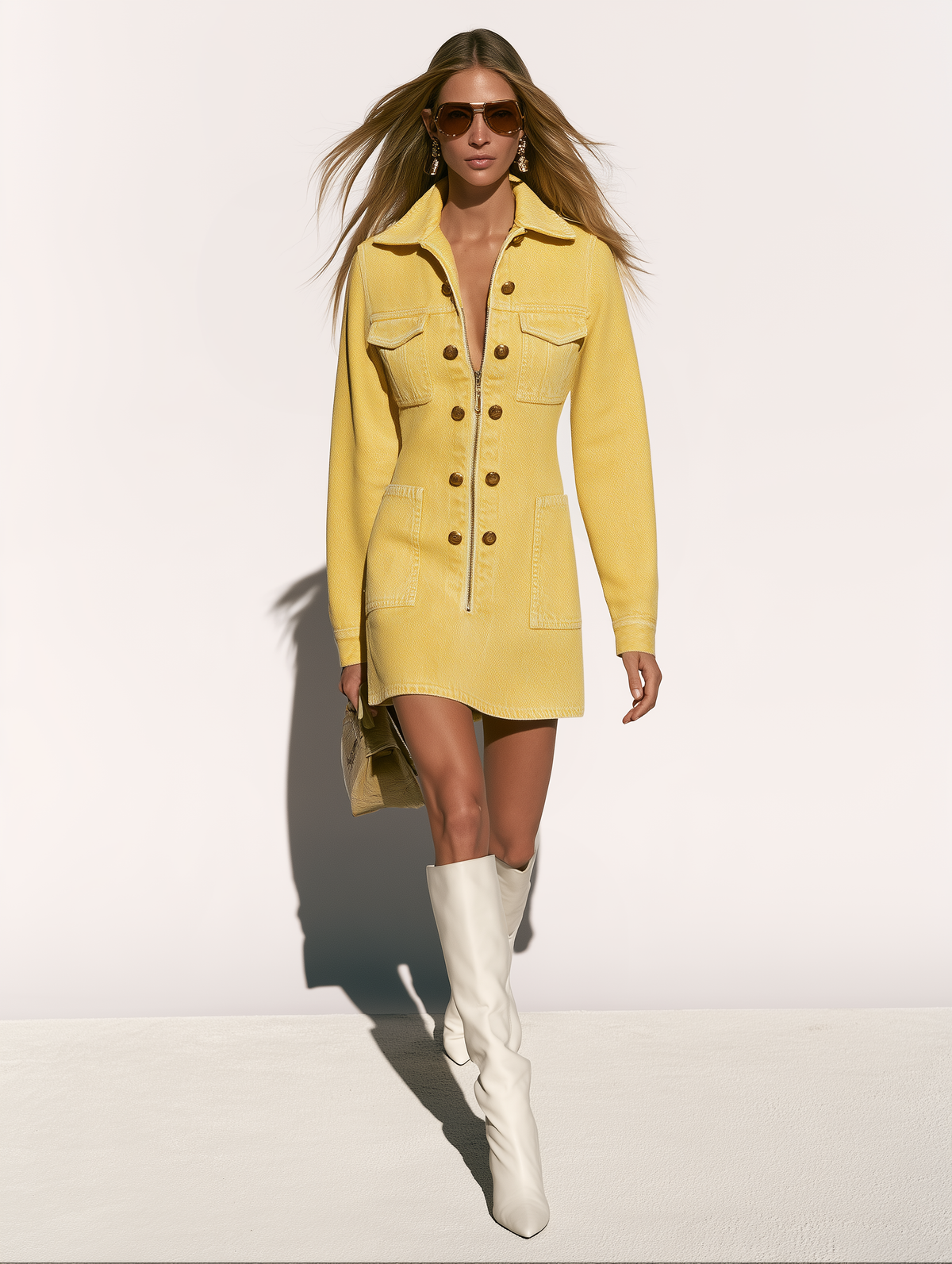 Vintage Yellow Multi-pocket Washed Denim Long-sleeved Mini Dress - By Qivii